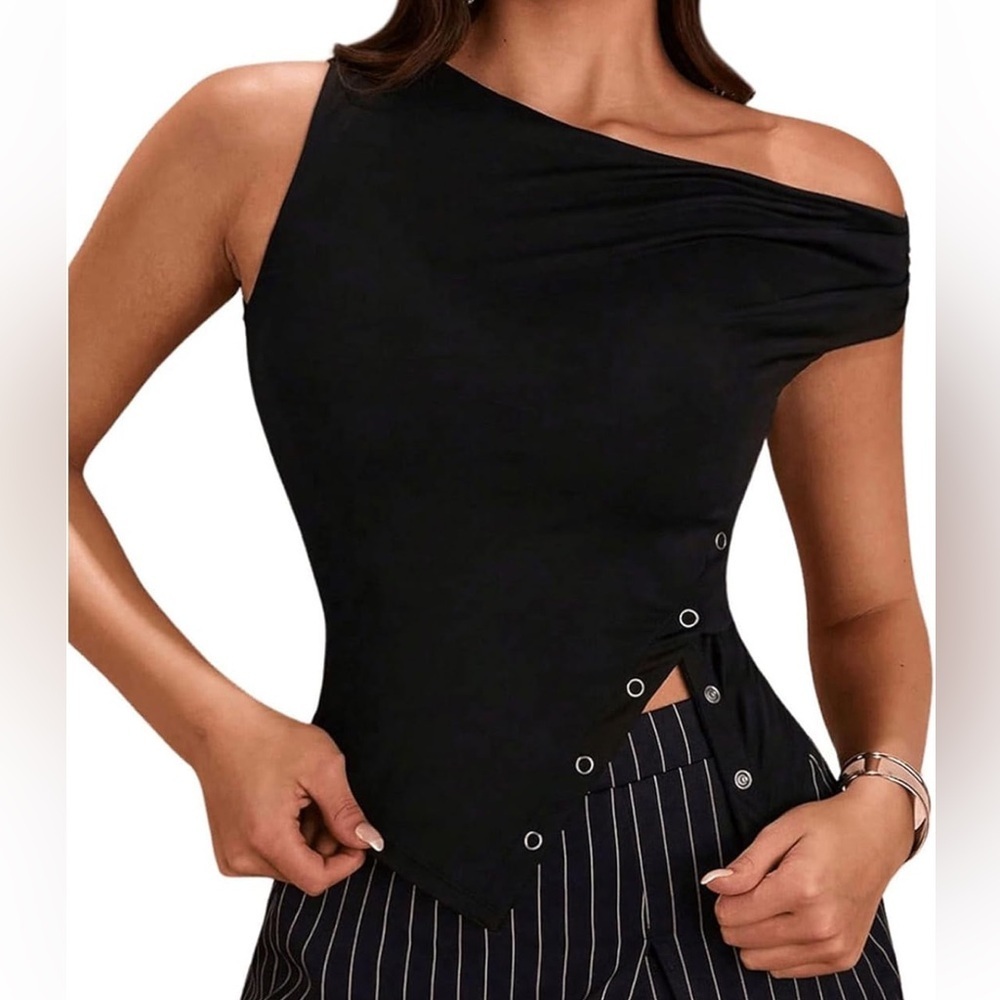 Milumia Women's One Shoulder  Black XS Snap Accents Solid